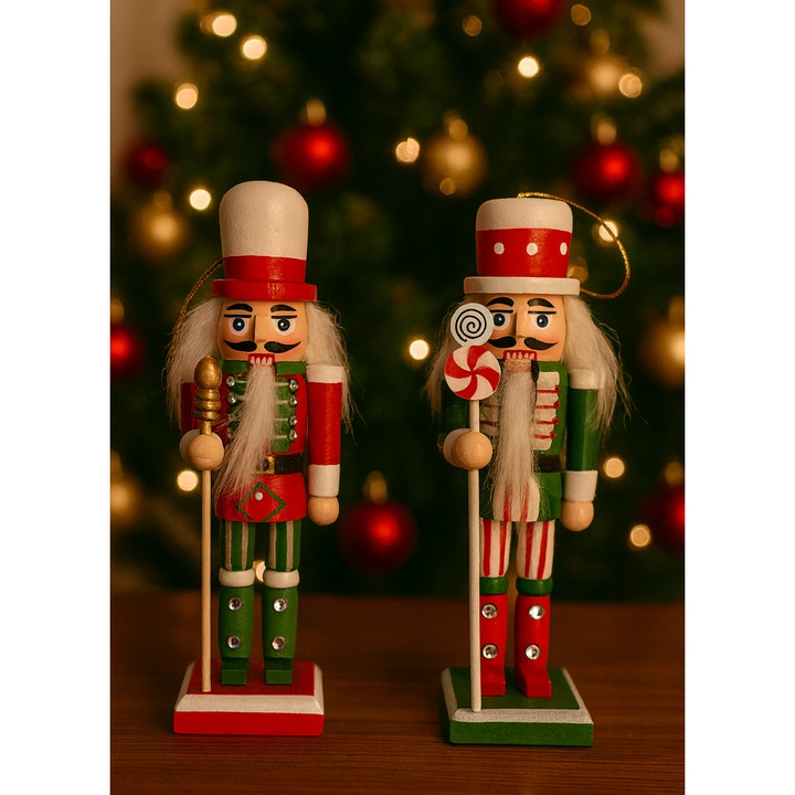 Set 4 decoratiuni de Craciun, Spargatorul de nuci, Nutcrakers, pentru brad, Lemn, 13 cm, Verde/Rosu