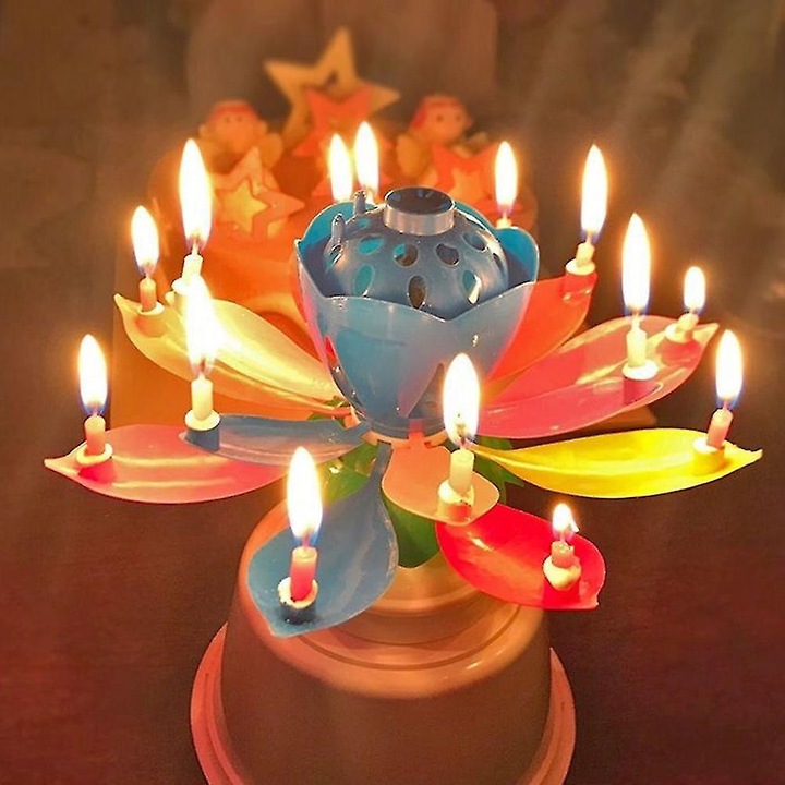 Forgó lótusz zenei gyertya, 12cm, többszínű