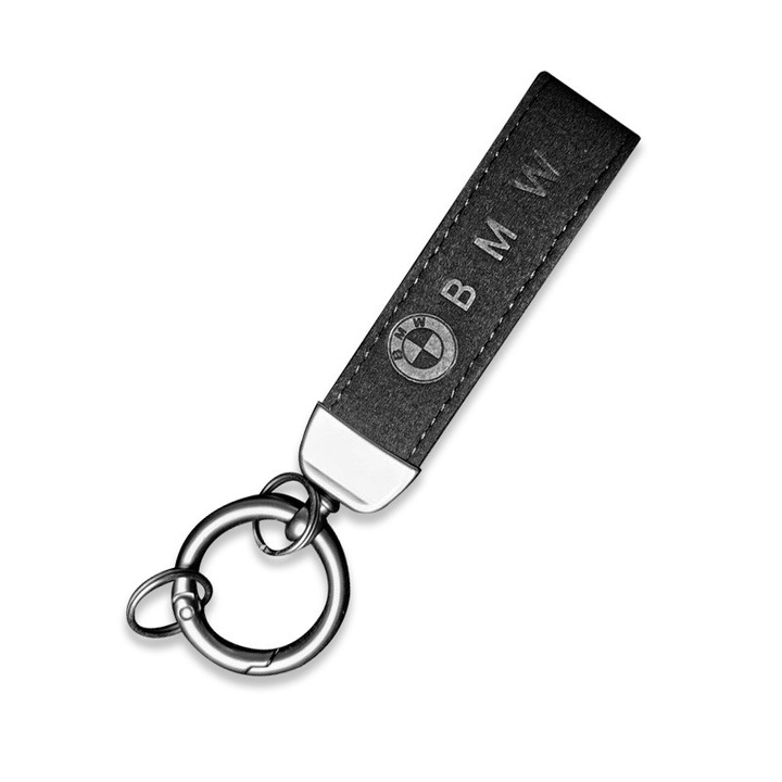 Breloc cu logo BMW – piele intoarsa + aliaj de zinc, 13×2, 5 cm, piele neagra/cusaturi negre, inel rotativ dublu, stil sport premium