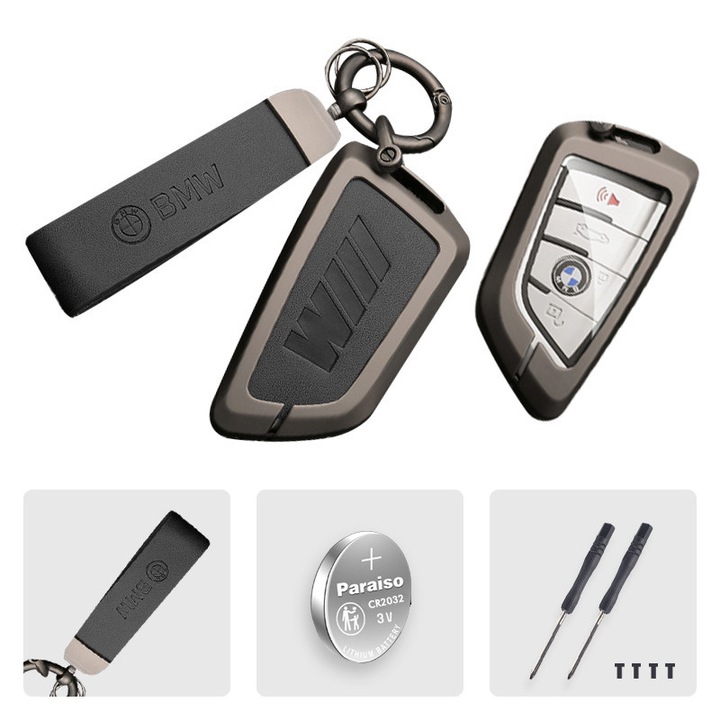 Комплект ключодържател с калъф за ключ MagAuto, за BMW от сплав, 360° защита, бронзов метал и черна кожа - Включва батерия CR2032 (живот на батерията 3 години)