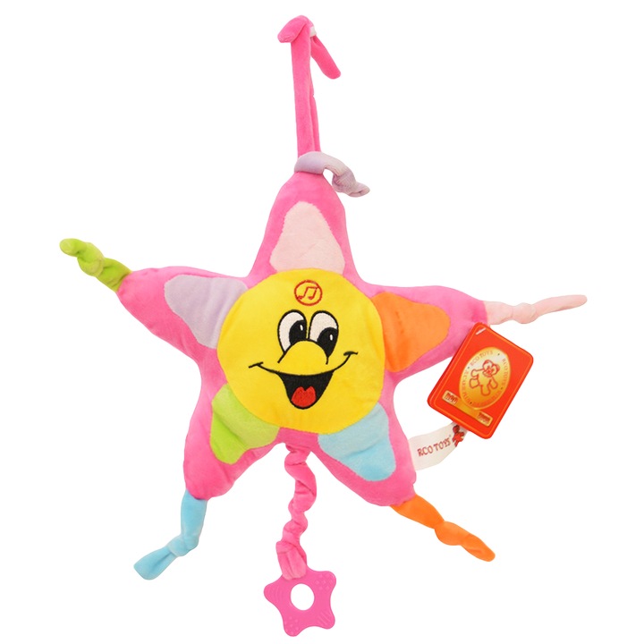 Jucarie muzicala pentru bebelusi din plus RCO®, material premium, pentru patut sau carucior, cu mecanism de tragere si agatatoare, Steluta Roz, 26 cm, +0 luni, WJ6103A