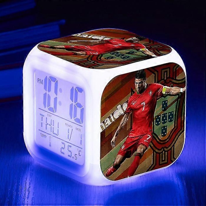 Ceas de alarma digital LED, Ronaldo, multifunctional, 7 culori de iluminare, 10x10cm