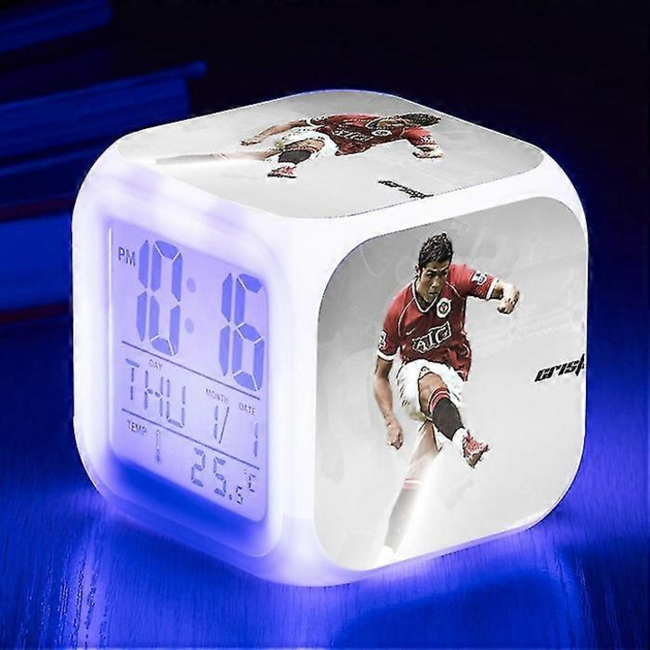 Ceas de alarma digital LED, Ronaldo, multifunctional, 7 culori, 10x10cm