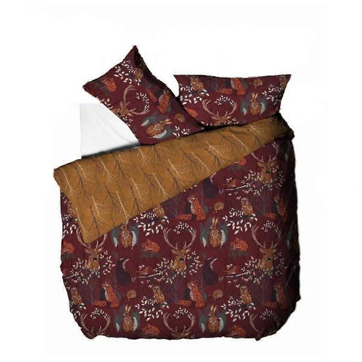 Set lenjerie de pat, Forest Fauna, design botanic, reversibil, rosu, pat king