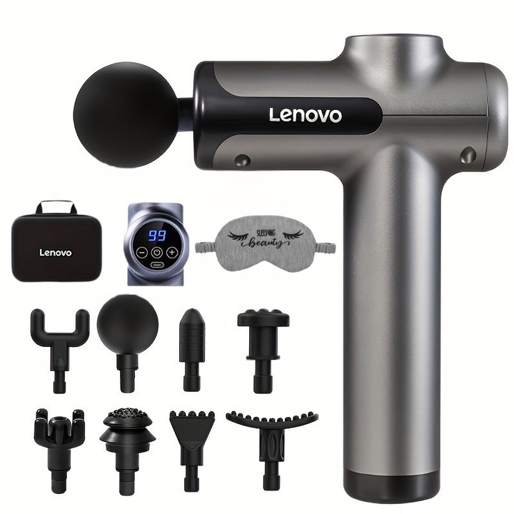 Масажен пистолет Lenovo, за дълбоки тъкани, 10 приставки, безшумен, USB, маска за сън