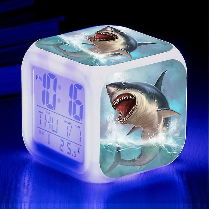 Ceas de alarma digital, Shark, 7 culori, forma patrata, 80x80mm, alb