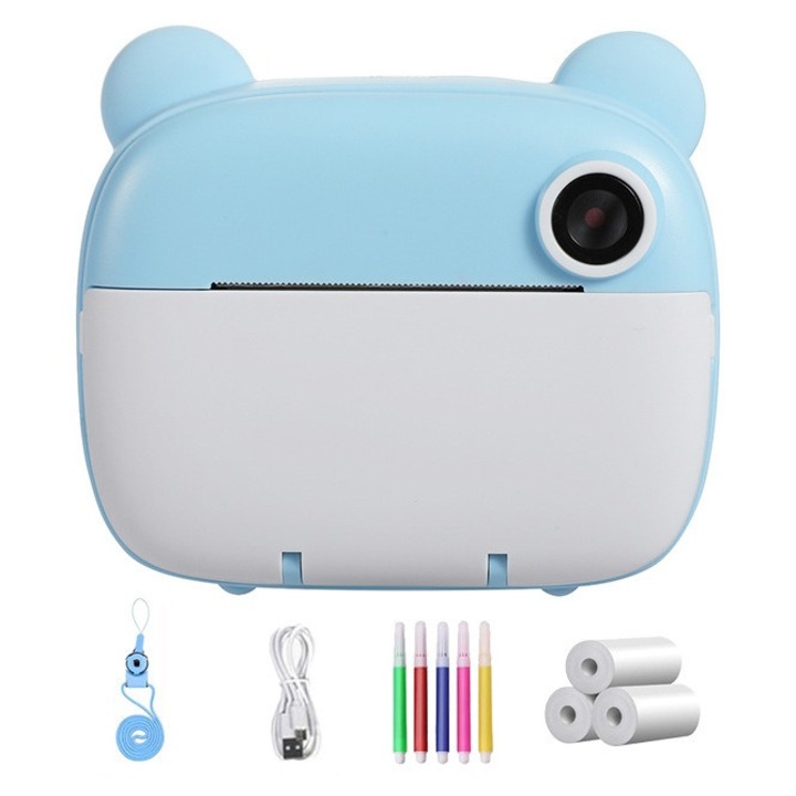Gyermek fényképezőgép, nyomtatási funkcióval, 2,4 hüvelykes IPS képernyő, kettős elülső és hátsó lencse, szelfi, 1080P videó, 3 játék, egyedi keretek, 1200 mAh akkumulátor, szelfikhez és videókhoz, 32G kártya, karácsonyi/születésnapi ajándék, kék
