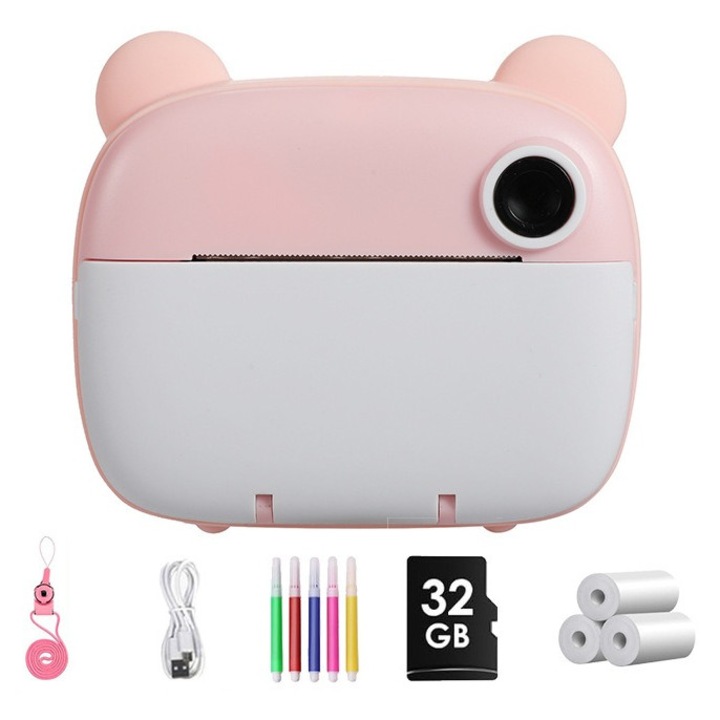 Gyermek fényképezőgép, nyomtatási funkció, 2,4 hüvelykes IPS kijelző, dupla elől-hátul lencsék, szelfi, 1080P videó, 3 játék, személyre szabott keretek, 1200 mAh akkumulátor, szelfikhez és videókhoz, 32G kártya, karácsonyi/születésnapi ajándék, rózsaszín