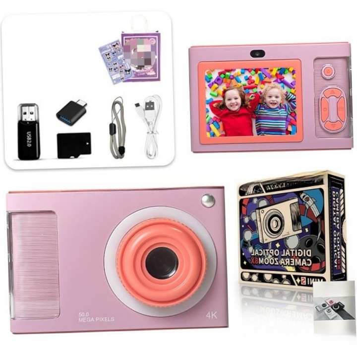 Gyermek digitális fotó-videó kamera, 48 MP, 1080P felbontás, szelfi kamera, 2,4 hüvelykes képernyő, fotó-videó, 4x zoom, vaku, játékok, 600 mAh akkumulátor, 32 GB SD kártya mellékelve, rózsaszín, prémium minőség, hordozható