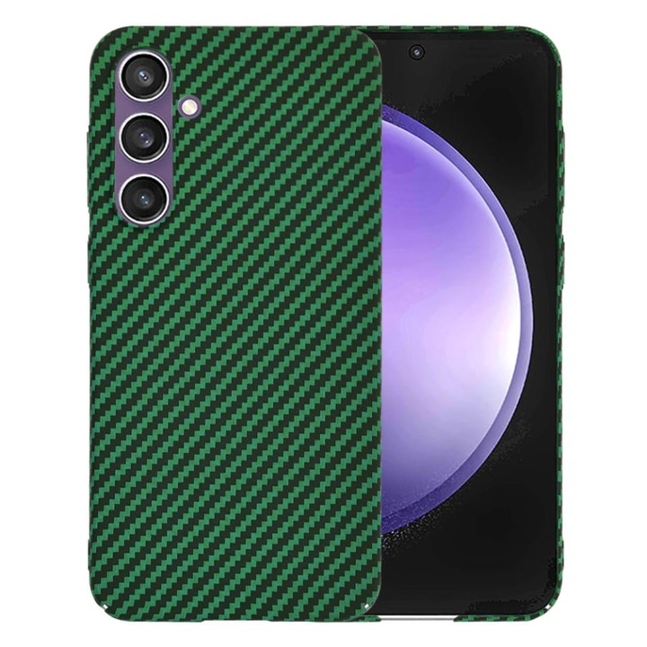 Husa pentru Samsung Galaxy S23 FE, SKYDDAR INNOVATION, textura carbon, Carbonite FiberShell, set cu sticker, Verde