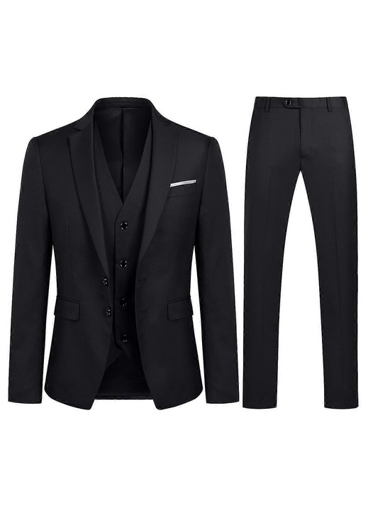 Costum barbatesc, slim fit, 3 piese, poliester/viscoza, negru, XS INTL