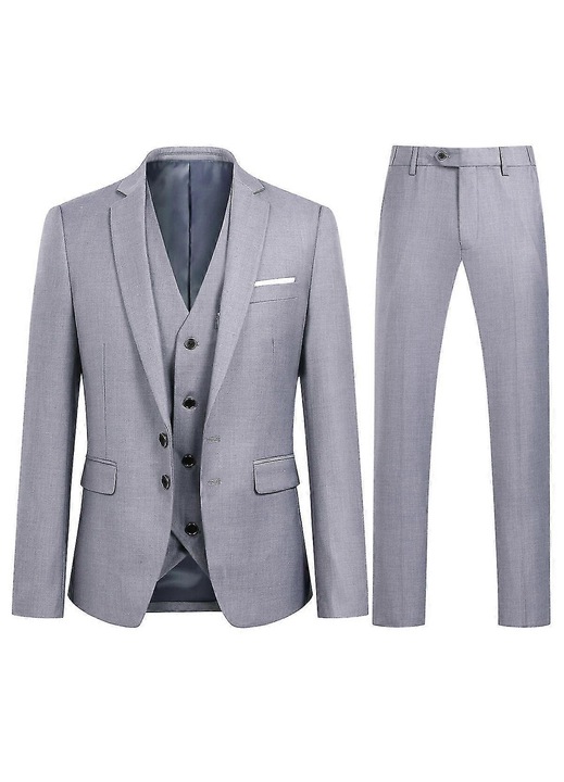 Costum barbatesc, slim fit, 3 piese, poliester/viscoza, gri deschis, XS INTL