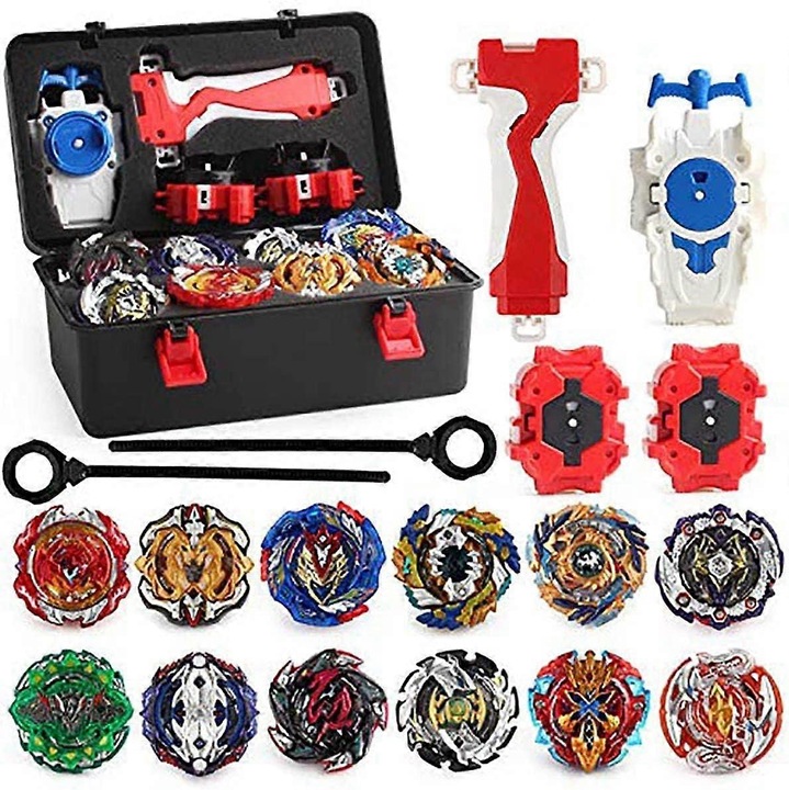 Set Jucarii Interactive, Spinning Tops Burst, 2 Launcher, 12 Gyros, Cutie Portabila