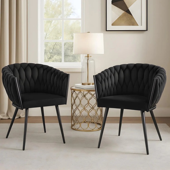 Комплект от 2 стола Elindor, ергономични тип мида, черна кадифе, златни метални крака, 71x50x45cm