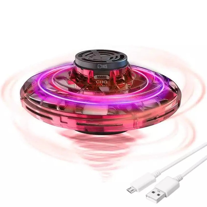 Mini Drona OZN SIKS, Model Disc Zburator Interactiv, Cu 5 Senzori Infrarosu, Lumina Led, Control Gestual, Incarcare USB, Rosu