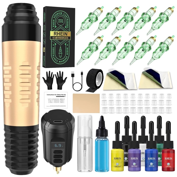 Set aparat de tatuat wireless, masina de tatuaje cu acumulator 1500 mAh, 10 ace tip cartus, 7 cerneluri, design ergonomic