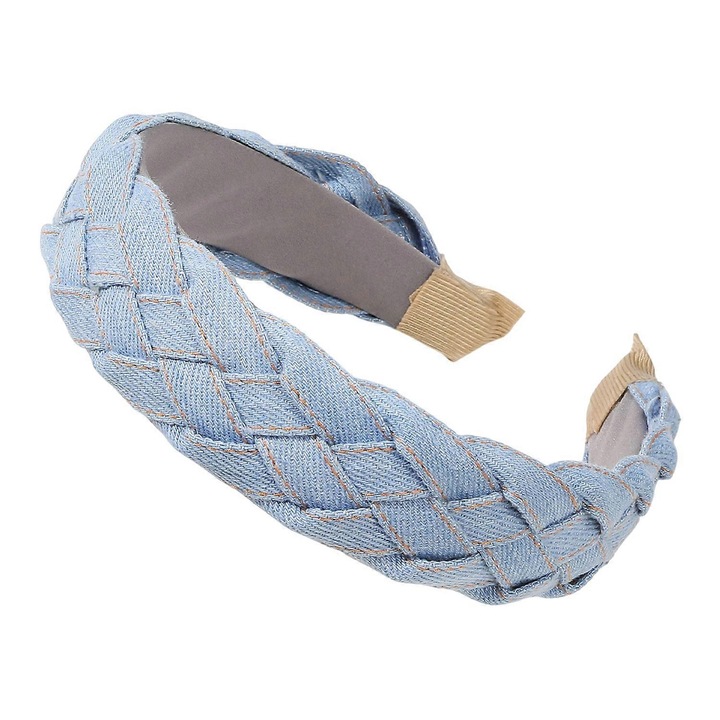 Bentita de par din denim, design impletit, latime 16cm, albastru