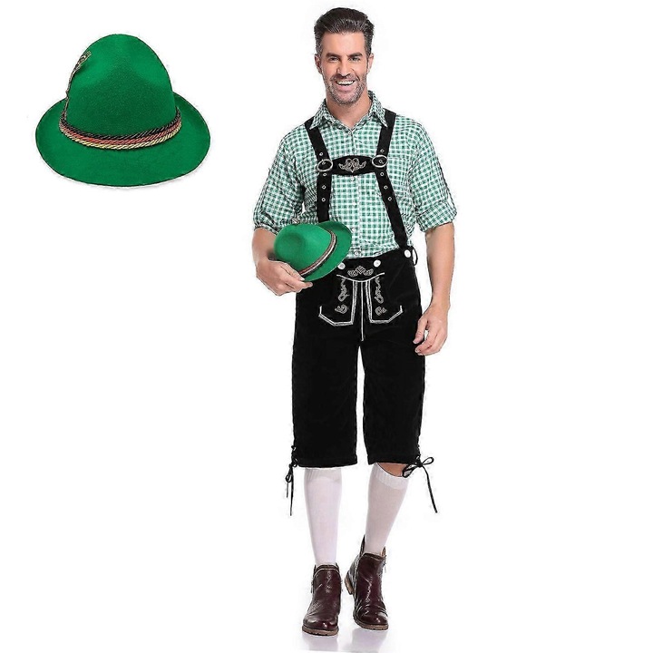 Costum de Oktoberfest pentru barbati, pantaloni din piele brodati, camasa, palarie, multicolor, set, marimi S-2XL