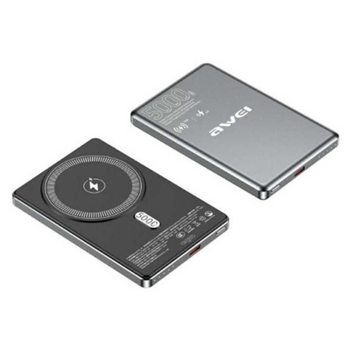Awei pa-30 vésztöltő type-c aljzat, 5000mah, 15w, wireless, magsafe, pd gyorstöltő 3.0, sötétszürke