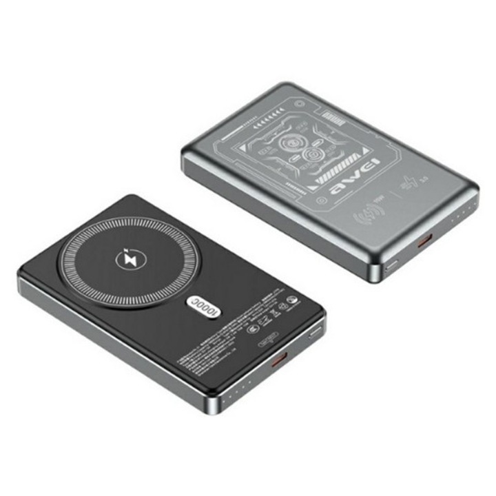 Awei pa-31 vésztöltő type-c aljzat, 10000mah, 15w, wireless, magsafe, pd gyorstöltő 3.0, sötétszürke