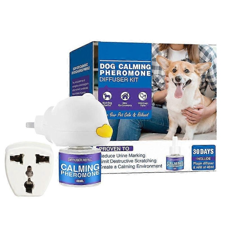 Dispozitiv difuzor feromoni pentru calmarea cainilor, 48ml, set cu rezerve, lavanda