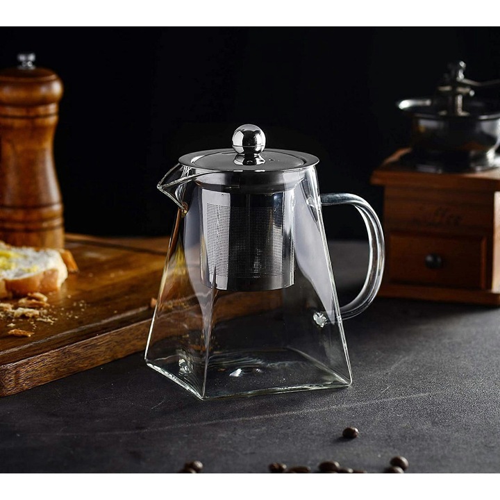 Ceainic din sticla cu infuzor, 750ml, rezistent la caldura, cu strainer din otel inoxidabil