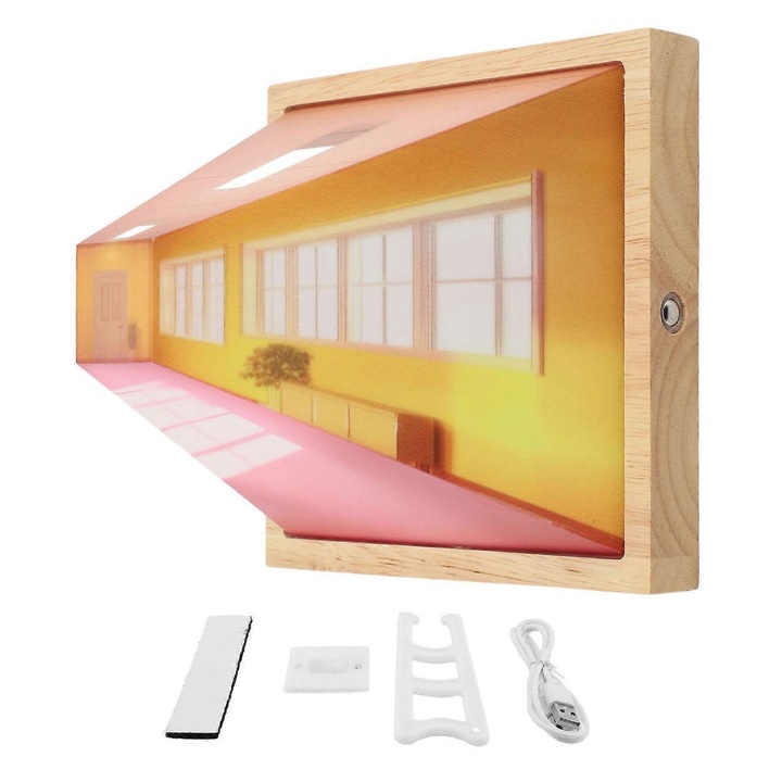 Veioza 3D, efecte de iluminare alb, cald si neutru, dimensiuni 1200mAh, din lemn de pin si acrilic, set cu suporturi de montare