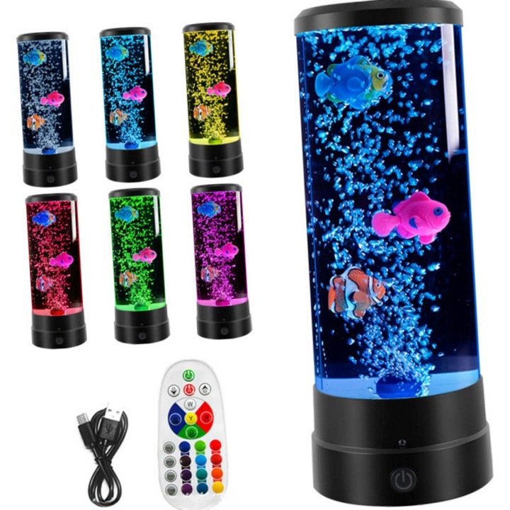 Lampa Ambientala cu Bule, Bubblefish, LED, Lumina RGB, Telecomanda, Sursa de alimentare dubla, Model Pesti Plutitori, ABS, Acrylic, Negru, Protectie pentru ochi cu lumina blanda, Materiale ecologice, Usor de curatat si rezistent la pete