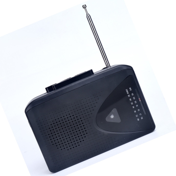 Casetofon portabil, radio AM/FM, negru, 120 x 85 x 39 mm, Stil retro, stereo, cu difuzoare