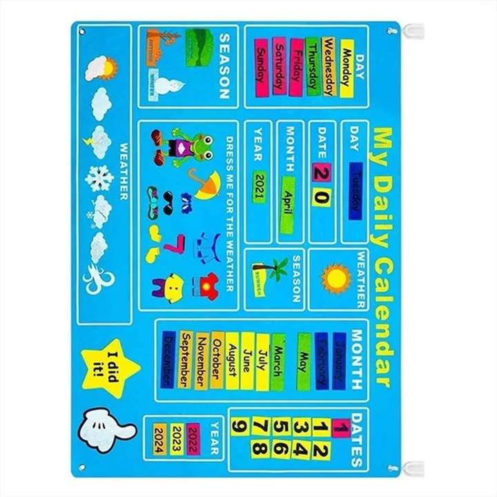 Gyermek foglalkoztató tábla, filc, 104 x 75 cm, 70 tematikus darab, junior naptár Az első napi naptáram, filctábla gyerekeknek, minden a mai napról, a hét napjai, kör, korai tanulás, falra