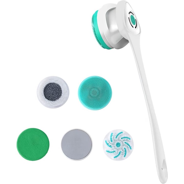 Perie electrica rotativa premium pentru baie dus cu maner de 40 cm detasabil, curatare si masaj pentru corp,5 capete diferite si 3 viteze, reincarcabila, maner lung detasabil, Alb, Bateria este de 1800mAh, Reincarcabila