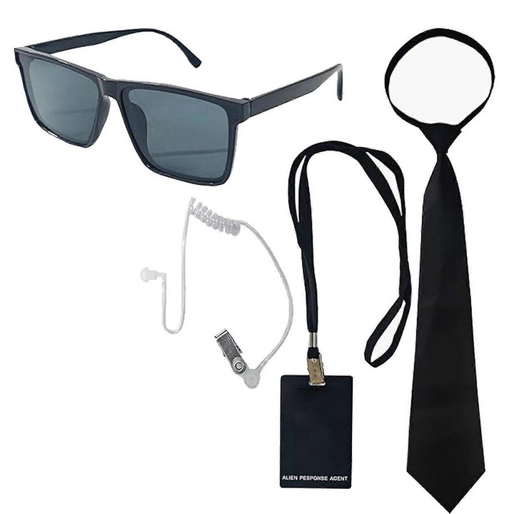 Set costum agent secret de Halloween cu ochelari negri, casca si cravata, pentru adulti si copii