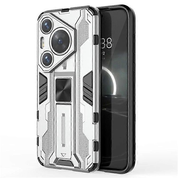 Husa telefon pentru Huawei Pura 70 Pro / Pura 70 Pro+, protectie duala, suport pliabil, argintie
