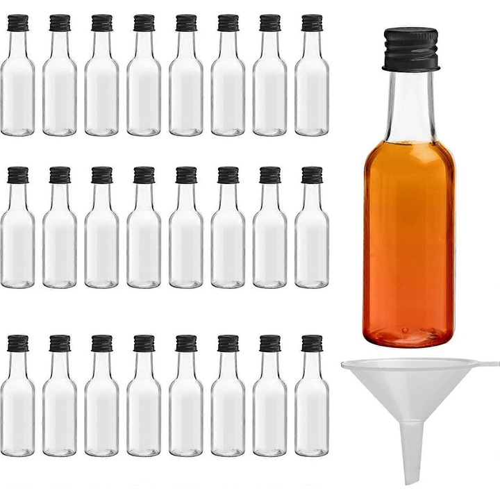 Set 24 sticle mini plastic pentru lichior 50 ml cu capac negru si palnie, 10.5x1.2cm
