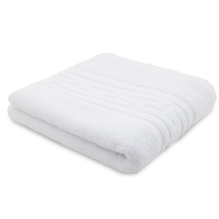 Fürdőlepedő 100% Prémium Pamutból, 50x90 Cm, Arcra És Kézre, Ultra Puha, Bolyhos És Nedvszívó, 400 GSM, Hipoallergén, Kopásálló És Ismételt Mosásnak Ellenálló, Gyorsan Szárad És Megőrzi Textúráját, Görög Mintás Szegéllyel, Fehér