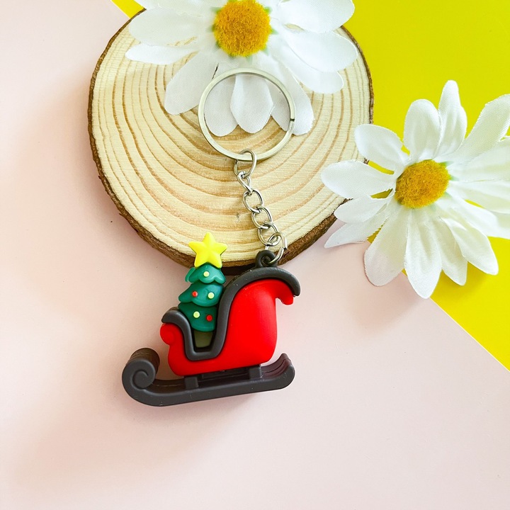 Cerb, papa Noel, cadou mic, brad, decoratiune de craciun pentru chei