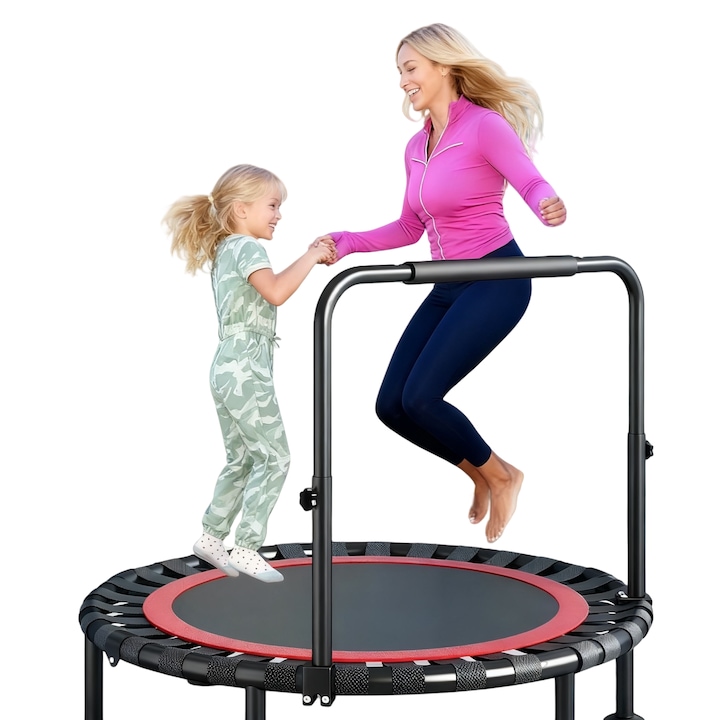 Trambulina Sport Fitness, RorAem, Trambuline fitness cu Maner Reglabil, 121 Cm Rebounder cu Plasa Rezistenta, Sarcina Maxima 250 Kg, Maner Reglabil in Inaltime, pentru Adulti si Copii, Interior/Exterior, Antiderapant, Negru-Rosu
