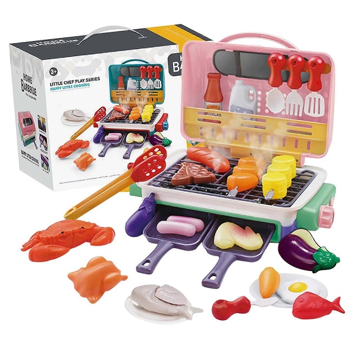 Set jucarie bucatarie copii, gratar simulare, efecte sonore si luminoase, schimbare de culoare, roz, 11x20x18cm