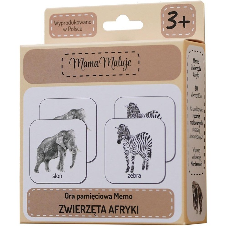 Joc de memorie Mama Maluje, Memo Animale Africane, 30 elemente, 6x6cm, ilustratii realiste