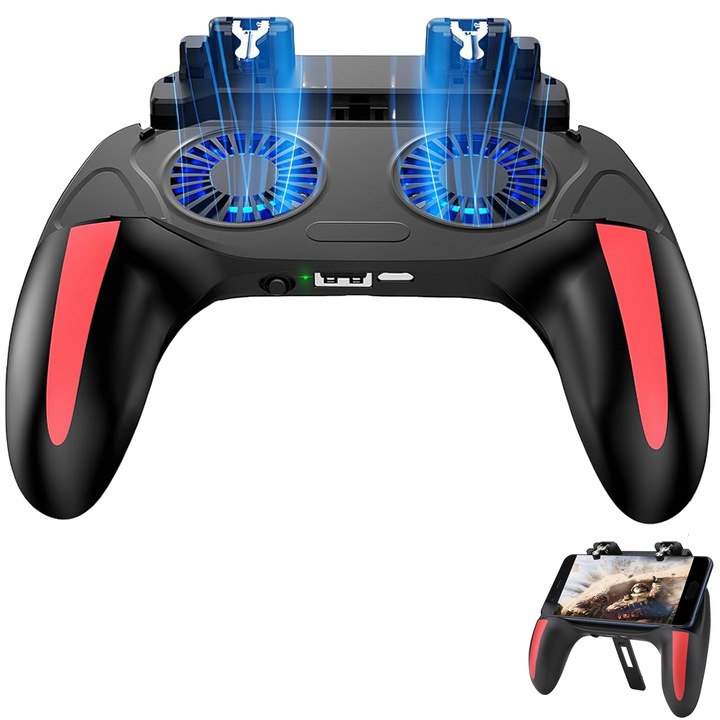 Controler Telefon, Set Racire Pubg, Piduules, Model H10 2500MAH Double Cooler, Playsmartshop, Fortnite, Battlegrounds, Call of Duty mobile, Negru/Rosu