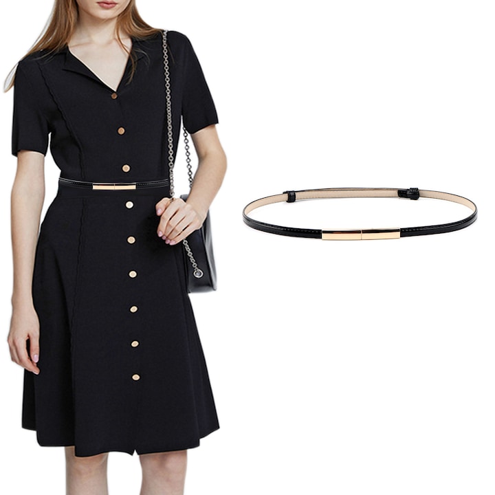 Curea dama Traderplus, piele artificiala, negru, subtire, 35 inch