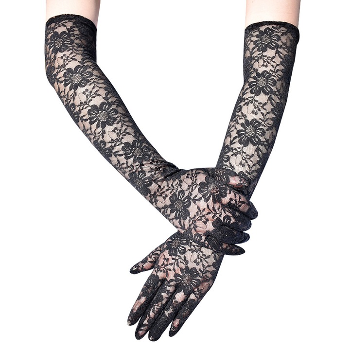 Manusi dama, TRADERPLUS, dantela eleganta, lungime 55cm, culoare neagra, marime unica