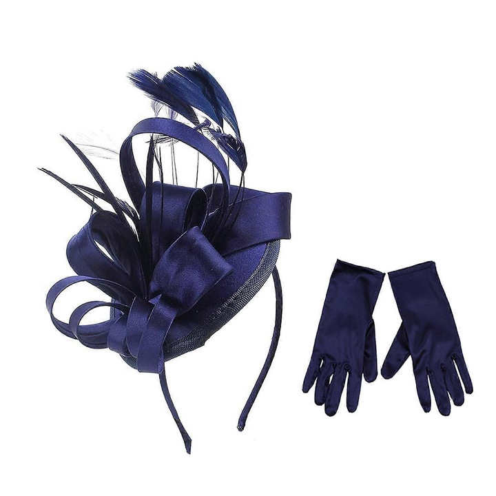 Set palarie fascinator cu pene si manusi scurte, negru, dimensiune unica