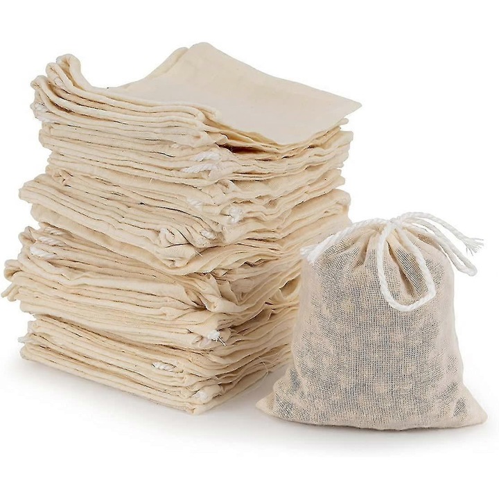 Set de 50 pungi din bumbac reutilizabile pentru ceai, 8x10cm, design cu snur, material ecologic