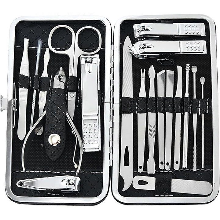 Set manichiura si pedichiura 19 piese, unelte din otel inoxidabil, design antiderapant, cutie din piele PU, negru