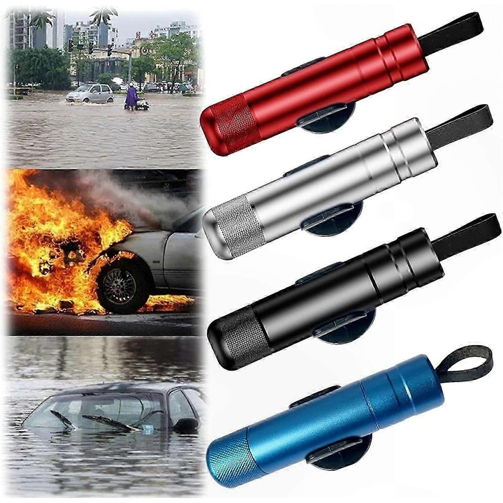 Set 4 unelte de salvare auto, ciocan de siguranta si taietor de centura, 3.6 inch, usor, pentru situatii de urgenta