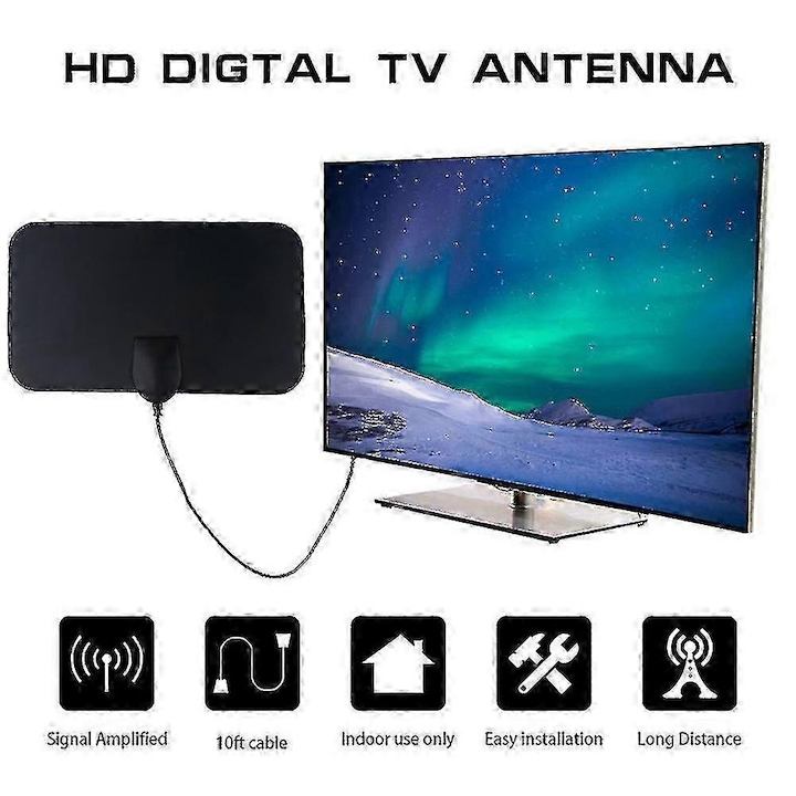 Antena TV digitala 50 mile, amplificata, 1080p, cu cablu coaxial de 3m