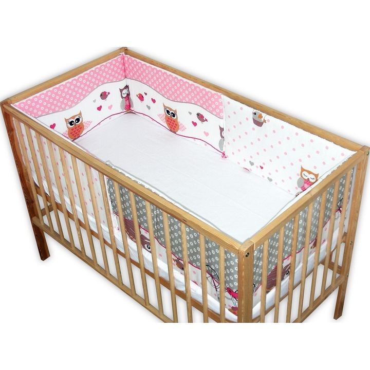 Set aparatoare bufnite roz cu alb in patut 120 x 60 cm