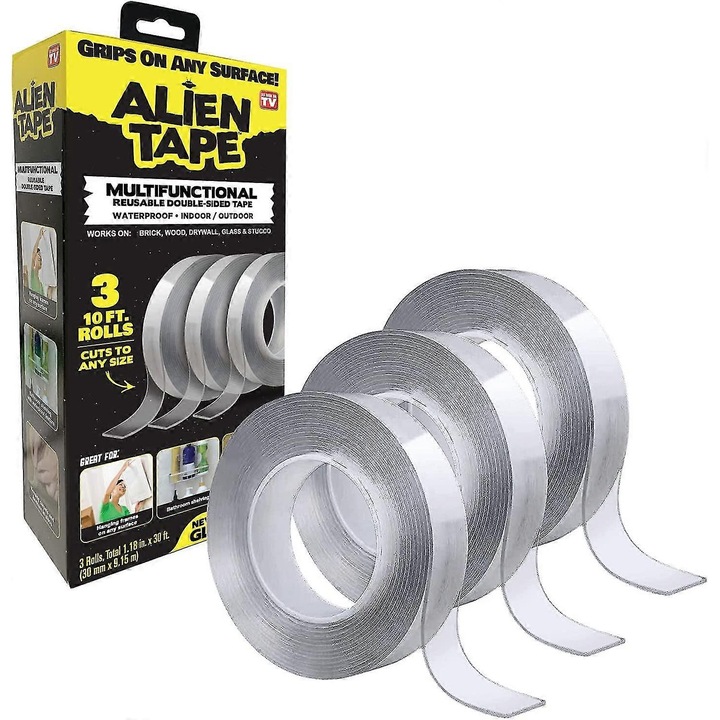 Banda adeziva dublu fata, 3cm x 10ft, rezistenta la apa si vreme, reutilizabila