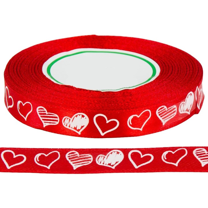 Ribona satinat rosie cu imprimeu inimioare, 12mm, 25 yarzi, set 1 bucata